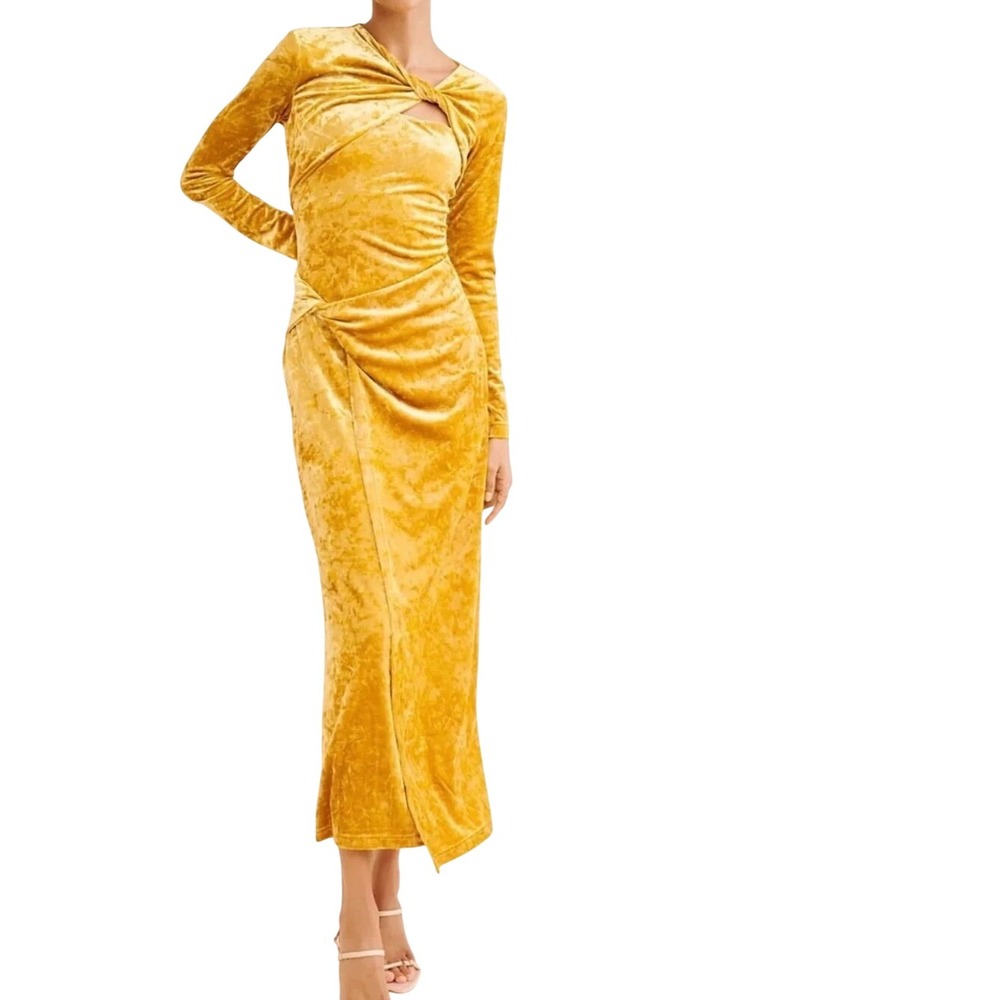 Significant Other Narin Mustard Gold Crushed Velvet Maxi Dress US 6